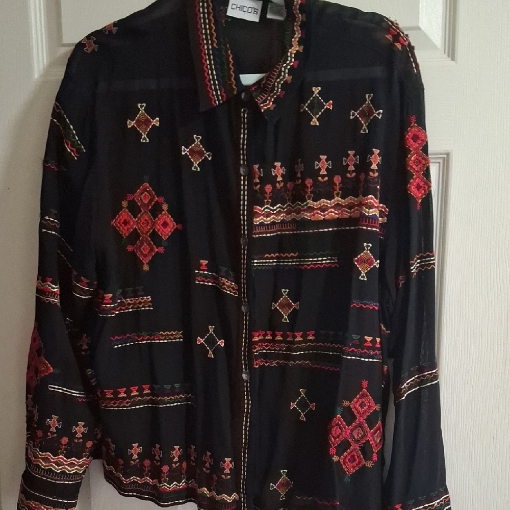 Chico's Sheer Black Embroidered Blouse